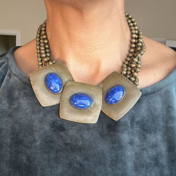 Modern Brass and Lapis Stone Necklace - Picture 2 of 4